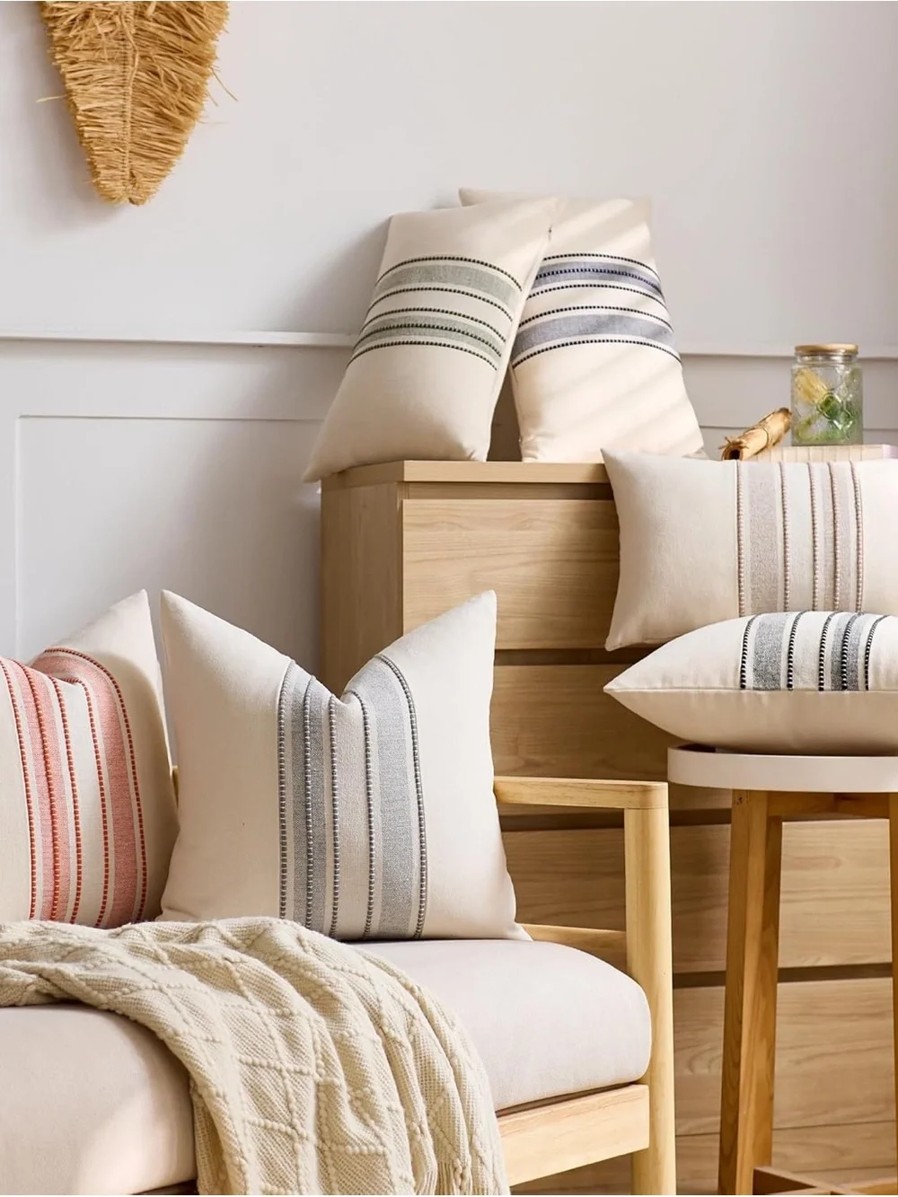 Striped Linen Textured Throw Pillow Covers 18x18 Inch Set of 2